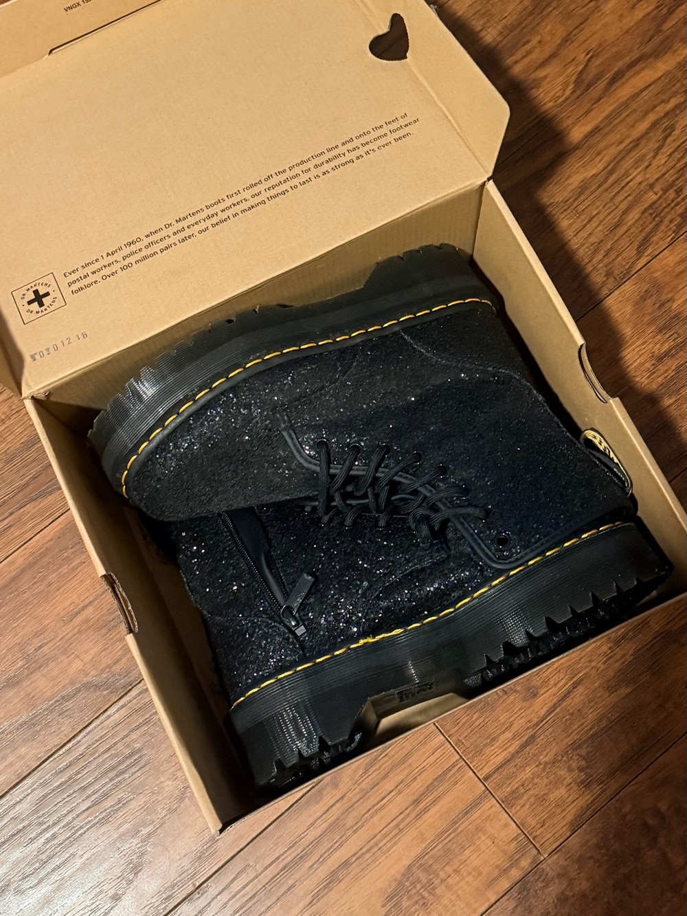 Dr. Martens Black Glitter Combat Boots with Yellow Stitching